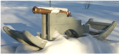 British artillery in the North America used a variety of winter sled arrangements. The exact type used here are not recorded. This 3~ pounder is mounted on a type of winter sled devised in 1796.